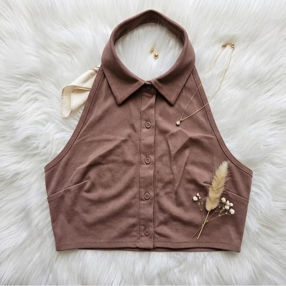 Cider Brown Collared Button-Front Crop Top NWT - image 1